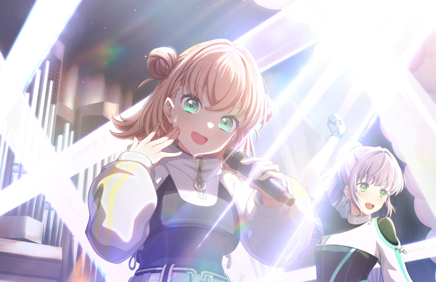 2girls :d \||/ belt black_jacket black_shirt cropped_jacket crossed_bangs deepness_(love_live!) double_bun game_cg green_eyes hair_bun hand_on_own_cheek hand_on_own_face high_ponytail highres hinoshita_kaho jacket light_particles link!_like!_love_live! long_hair long_sleeves looking_at_viewer love_live! medium_hair multiple_girls official_art open_mouth orange_hair otomune_kozue puffy_long_sleeves puffy_sleeves purple_hair shirt short_sleeves sidelocks smile solo_focus stage stage_lights third-party_source virtual_youtuber white_sleeves zipper zipper_pull_tab