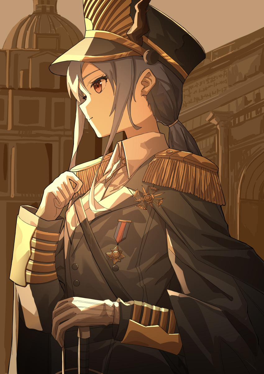 1girl absurdres alternate_costume arknights black_cape black_hat black_jacket brown_horns cape ch'en_(arknights) closed_mouth cross cross_patty epaulettes etoile_(emiya33878499) fringe_trim gloves greek_cross grey_hair hand_up hat highres horns horns_through_headwear jacket lapels long_hair long_sleeves looking_ahead medal military_hat military_jacket military_uniform orange_eyes outdoors peaked_cap ponytail solo standing strap sunlight uniform upper_body white_gloves