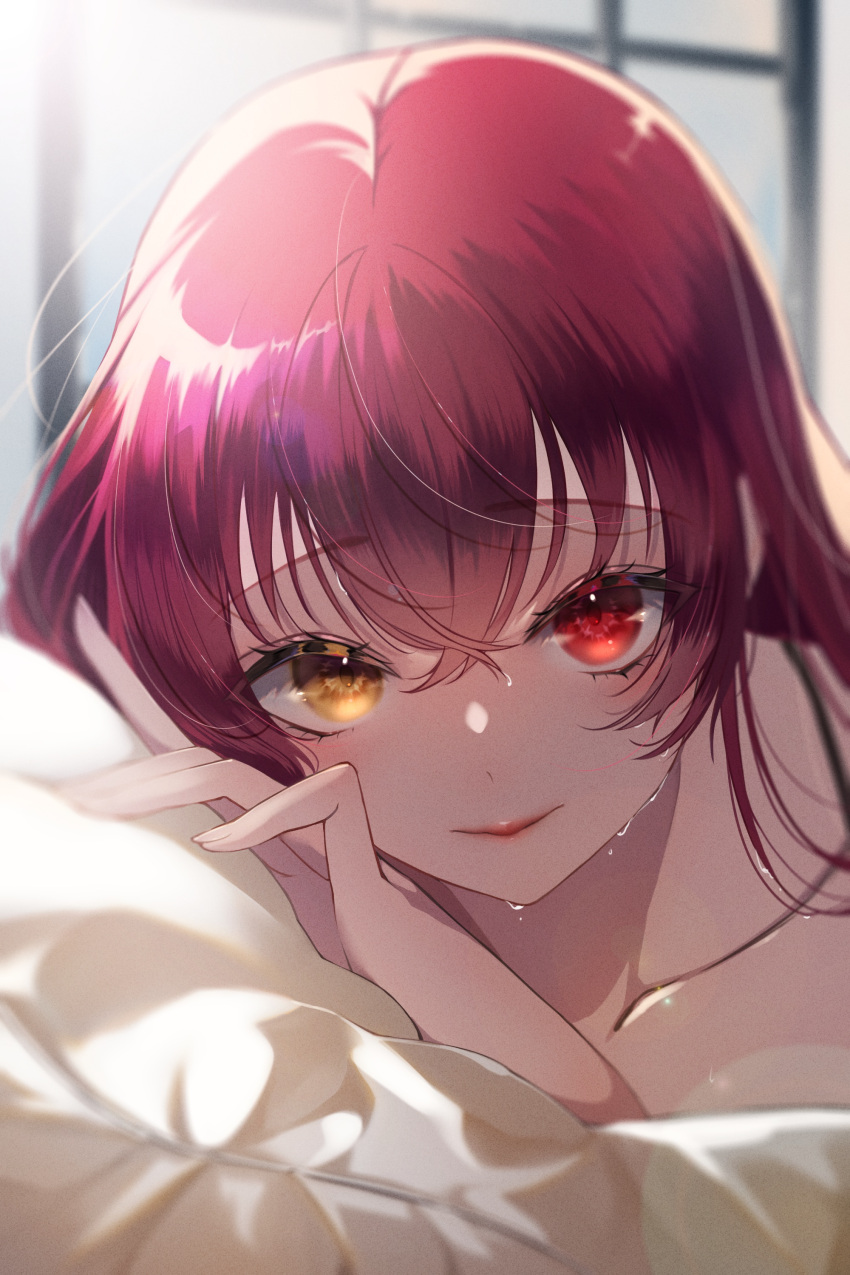 1girl absurdres ameno_jo backlighting bedroom blurry blurry_background close-up collarbone commentary_request eyelashes hair_between_eyes hand_on_own_cheek hand_on_own_face head_on_pillow heterochromia highres hololive houshou_marine lens_flare lips long_hair looking_at_viewer loose_hair_strand nude pillow red_hair solo sunlight sweat virtual_youtuber wet wet_hair window