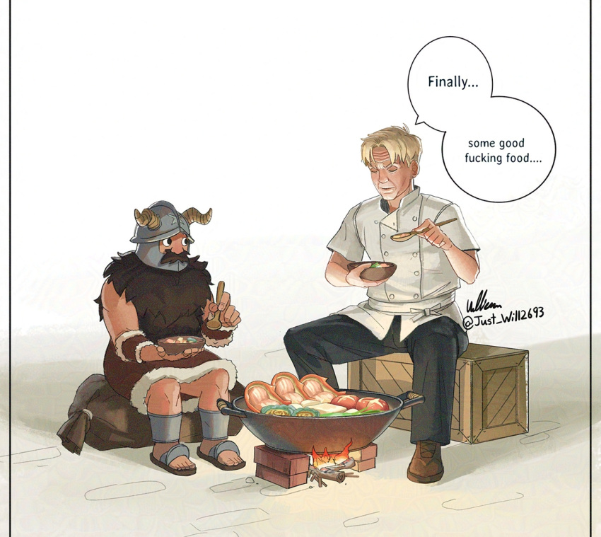 2boys armor artist_name bag beard black_pants blonde_hair bowl brown_hair buttons campfire chef commentary crate crossover double-breasted duffel_bag dungeon_meshi dwarf eating english_commentary facial_hair fake_horns feet food gordon_ramsay helmet holding holding_bowl holding_spoon horned_helmet horns jacket just_will leather_armor long_beard looking_at_another male_focus multiple_boys pants profanity real_life senshi_(dungeon_meshi) short_hair sitting spoon thick_mustache toes twitter_username very_long_beard white_jacket wok