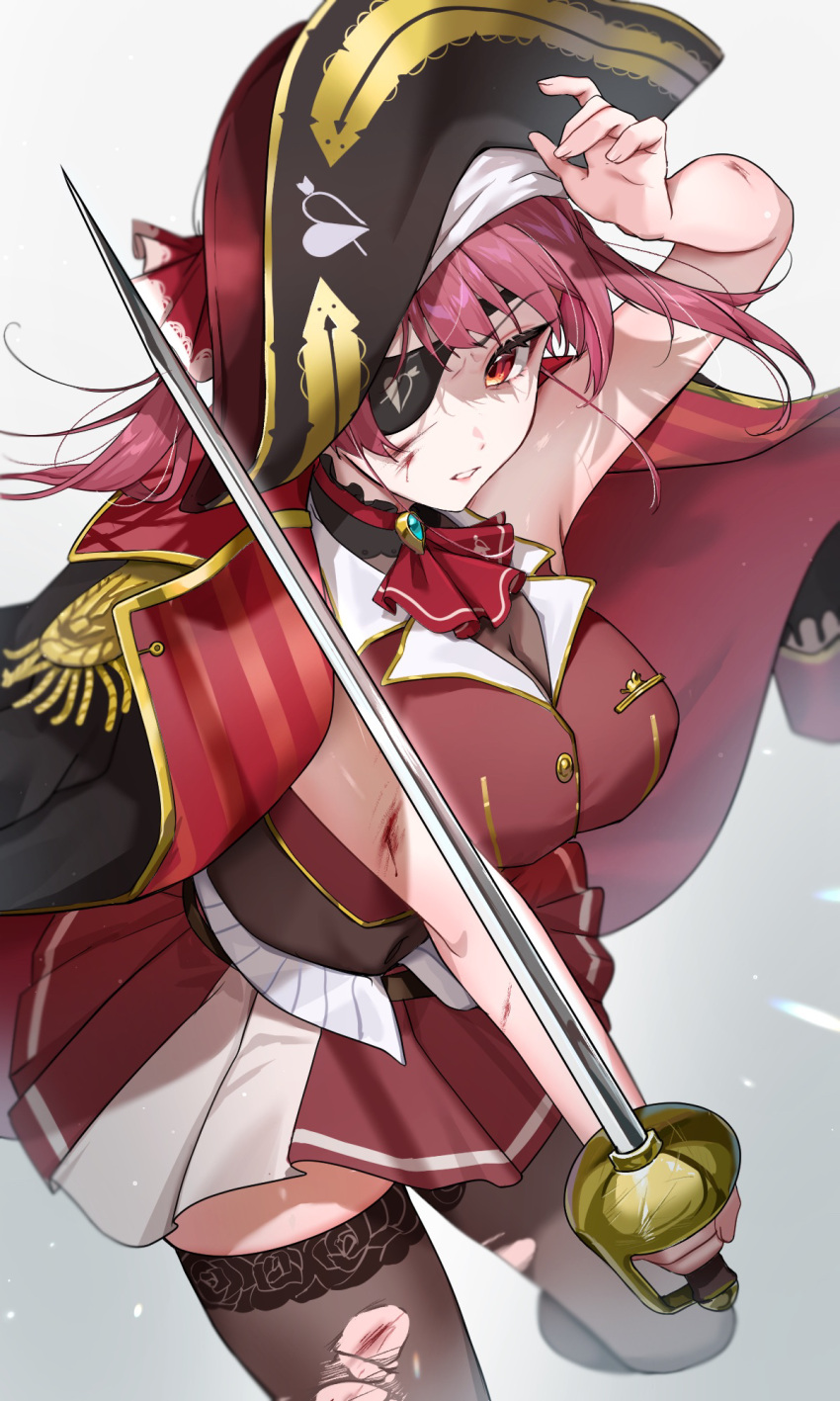 ascot black_choker black_coat black_hat black_thighhighs breasts choker cleavage coat cropped_jacket eyepatch frilled_choker frills hair_ribbon hat highres holding holding_sword holding_weapon hololive houshou_marine houshou_marine_(1st_costume) jacket leotard leotard_under_clothes long_hair looking_at_viewer miniskirt monokawa_(iurl1z) pirate_hat red_ascot red_coat red_eyes red_hair red_jacket red_ribbon red_skirt ribbon skirt sleeveless sleeveless_jacket solo sword thighhighs torn_clothes torn_thighhighs two-sided_coat two-sided_fabric virtual_youtuber weapon white_background