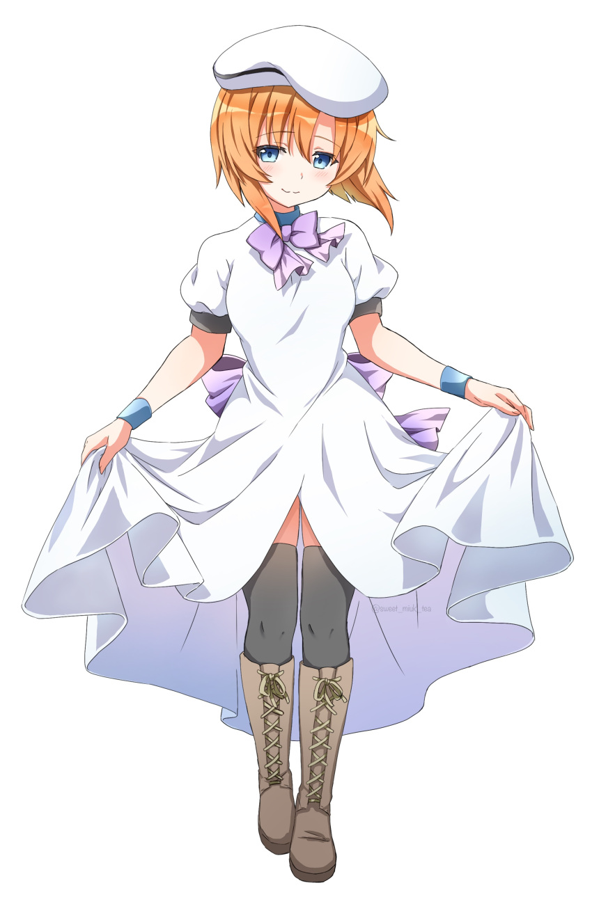 1girl :3 absurdres back_bow black_thighhighs blue_eyes blush boots bow bowtie brown_footwear brown_hair closed_mouth cross-laced_footwear dress floating_hair front_slit full_body hair_between_eyes hat highres higurashi_no_naku_koro_ni medium_hair purple_bow purple_bowtie ryuuguu_rena short_sleeves simple_background skirt_hold solo standing sweet_miuk_tea thighhighs white_background white_dress white_hat wristband