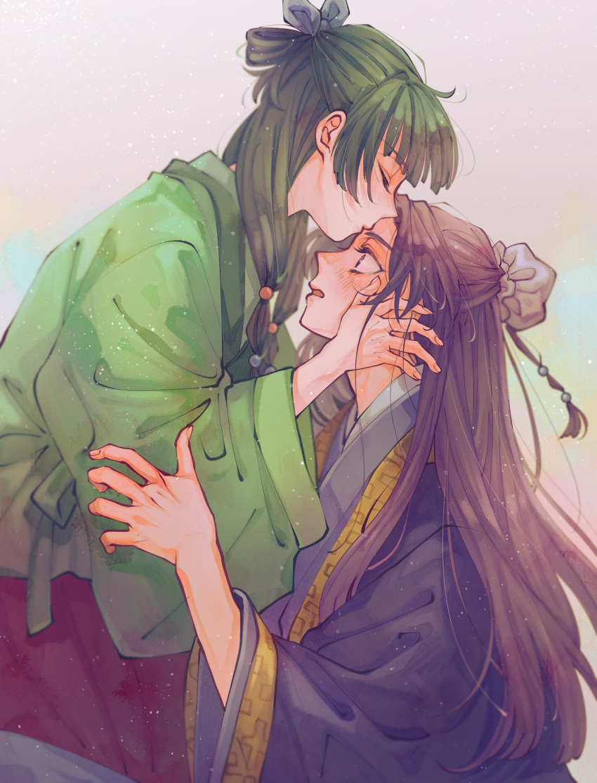 1boy 1girl androgynous black_hair blush chinese_clothes closed_eyes embarrassed hanfu hetero highres jinshi_(kusuriya_no_hitorigoto) kiss kissing_forehead kusuriya_no_hitorigoto long_hair maomao_(kusuriya_no_hitorigoto) matsuko_(mrimri3) open_mouth