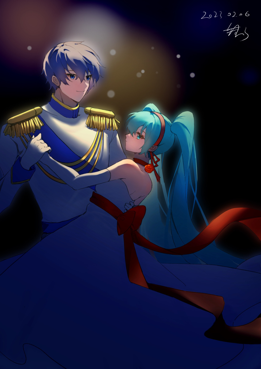 1boy 1girl absurdres aqua_eyes aqua_hair bare_shoulders blue_eyes blue_hair blue_sash bow cendrillon_(vocaloid) choker commentary dancing dated dress elbow_gloves epaulettes formal gloves gown hairband hatsune_miku highres jacket kaito_(vocaloid) kaniko_(user_tvzs5875) long_hair looking_at_another red_bow red_choker red_hairband sash short_hair signature simple_background smile twintails very_long_hair vocaloid white_dress white_gloves white_jacket