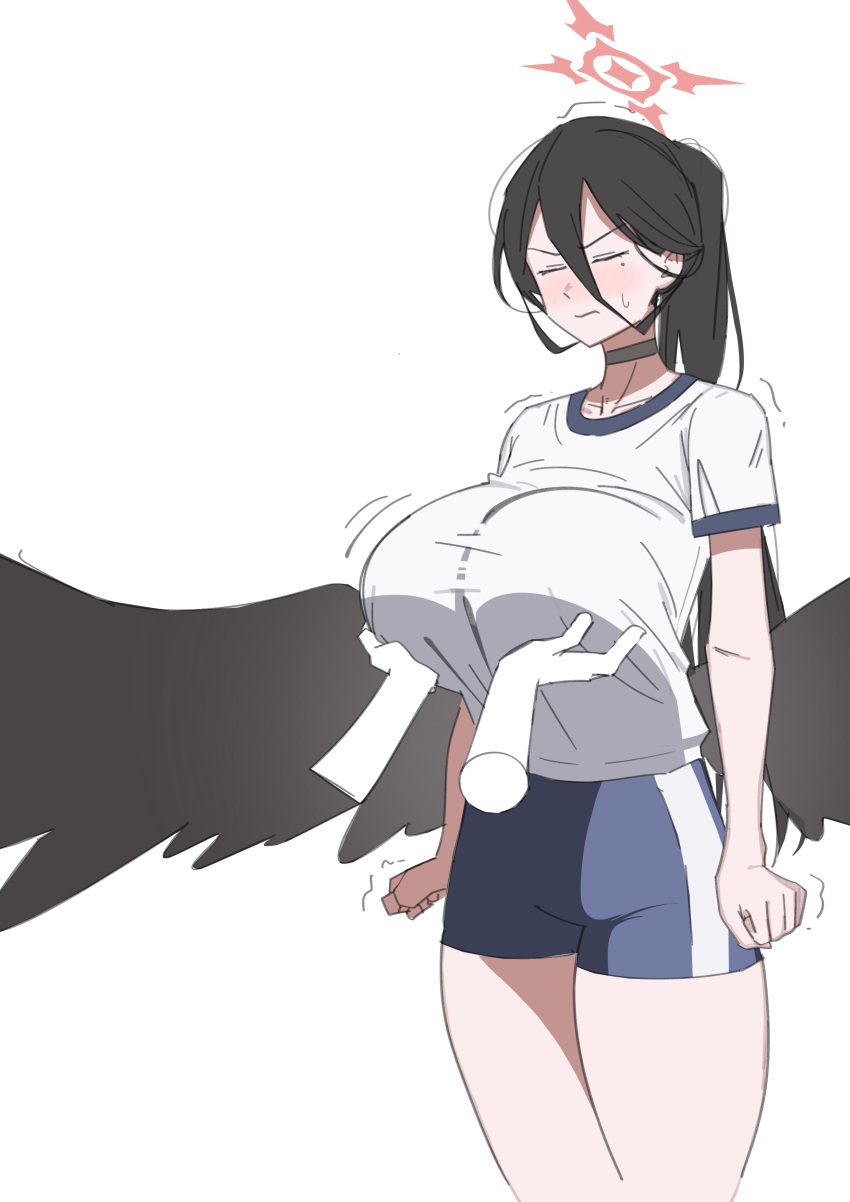 1girl absurdres angry black_choker black_hair black_wings blue_archive blue_shorts blush breast_lift breasts choker clenched_hand closed_eyes closed_mouth disembodied_limb feathered_wings grabbing grabbing_another's_breast gym_shirt gym_shorts gym_uniform hair_between_eyes halo hasumi_(blue_archive) hasumi_(track)_(blue_archive) highres hofdechiski huge_breasts large_wings long_hair low_wings mole mole_under_eye nose_blush official_alternate_costume ponytail red_halo sensei_(blue_archive) shirt short_shorts short_sleeves shorts simple_background solo_focus standing sweatdrop trembling very_long_hair white_background white_shirt wings