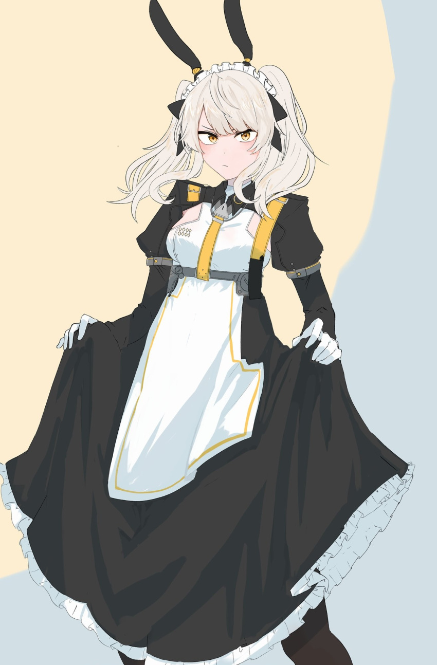 1girl alternate_costume animal_ears asymmetrical_bangs black_dress closed_mouth dress fake_animal_ears gloves grey_hair highres karenina:_scire_(punishing:_gray_raven) karenina_(punishing:_gray_raven) long_hair long_sleeves looking_at_viewer maid_headdress mu_2_ka_4_1 orange_eyes punishing:_gray_raven rabbit_ears sidelocks solo twintails two-tone_dress white_dress white_gloves