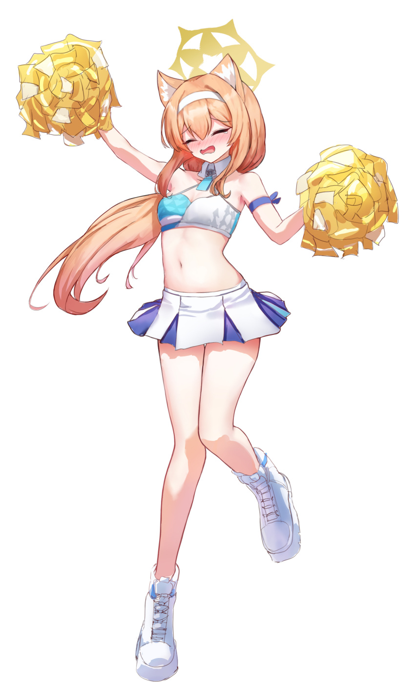 1girl absurdres animal_ears arm_strap arm_up bare_legs bare_shoulders blue_archive blush breasts cheering cleavage closed_eyes crop_top embarrassed facing_viewer full_body hair_between_eyes hairband halo hand_up highres hip_focus holding holding_pom_poms mari_(blue_archive) midriff millennium_cheerleader_outfit_(blue_archive) miniskirt navel nervous nonoka7221 orange_hair pleated_skirt pom_pom_(cheerleading) shirt skirt sleeveless sleeveless_shirt small_breasts solo standing standing_on_one_leg stomach tears thigh_gap unhappy white_hairband yellow_halo
