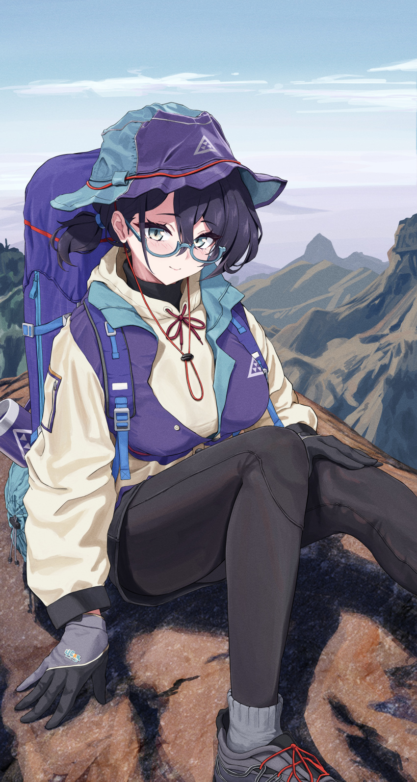 1girl absurdres backpack bag black_gloves black_hair black_leggings black_shorts blue_archive blue_bag blue_coat bocchi_(kuropom7) chihiro_(blue_archive) chihiro_(camp)_(blue_archive) cloud coat commentary_request day glasses gloves grey_eyes grey_socks hair_between_eyes hat highres hiking_backpack leggings looking_at_viewer mountain multicolored_coat outdoors rock short_hair shorts sitting sky smile socks solo two-tone_coat white_coat