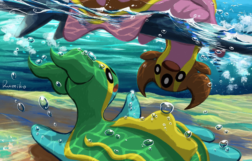 air_bubble artist_name blue_skin bubble colored_skin gastrodon gastrodon_(east) gastrodon_(west) green_skin highres looking_at_another no_humans open_mouth partially_submerged pink_skin pokemon pokemon_(creature) rumiko_(vertlapin96) underwater