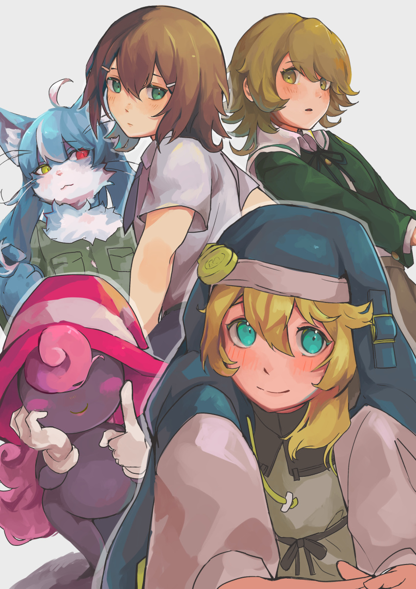 aaaaa_aa_aaa_a absurdres androgyne_symbol androgynous animal_ear_fluff animal_ears baka_to_test_to_shoukanjuu blonde_hair blue_eyes blue_hair blush_stickers bridget_(guilty_gear) brown_eyes brown_hair cat_ears colored_skin crossdressing curly_hair danganronpa_(series) facing_viewer from_behind fujisaki_chihiro furry ghost_tail gloves guilty_gear guilty_gear_strive habit hair_ornament hair_over_eyes hairclip hat heterochromia highres hood hood_up hooded_jacket hoodie jacket japan_air_self-defense_force japan_air_self-defense_force_omaezaki_sub-base japan_self-defense_force kinoshita_hideyoshi long_hair long_sleeves looking_at_viewer mario_(series) military omaneko open_clothes otoko_no_ko paper_mario paper_mario:_the_thousand_year_door pink_hair purple_skin red_eyes ribbon school_uniform simple_background skirt solo striped_clothes striped_headwear vivian_(paper_mario) white_background white_gloves witch_hat yellow_eyes