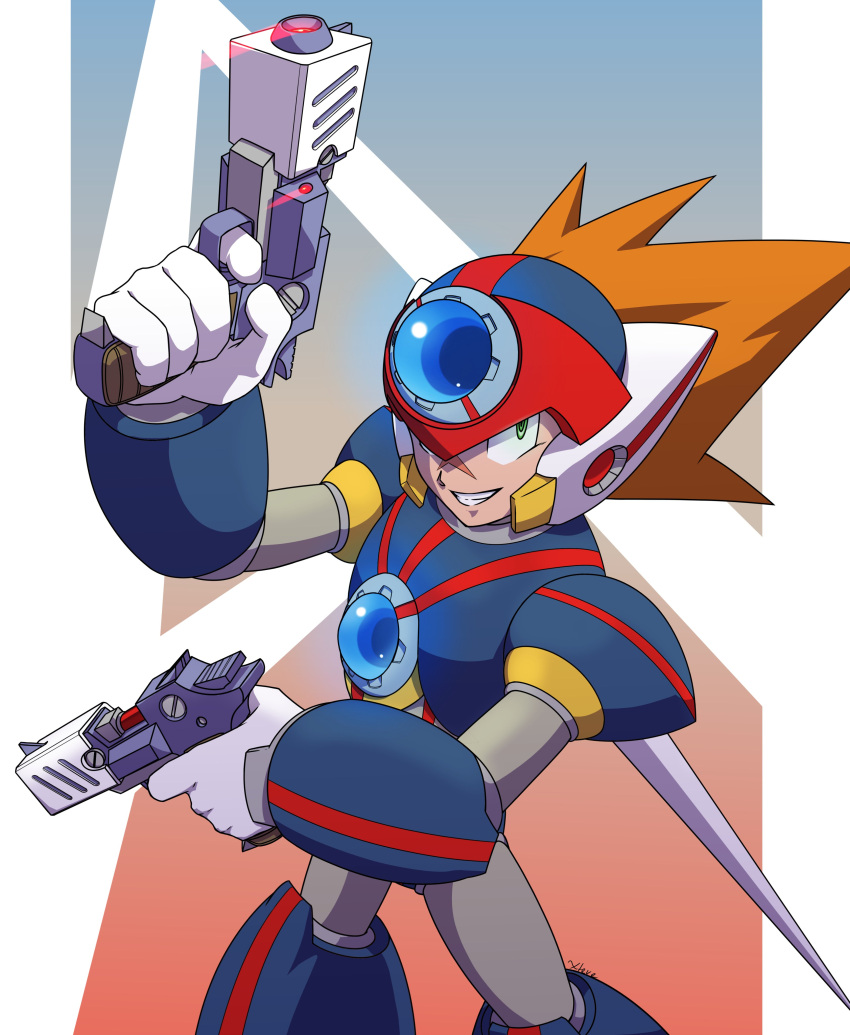 absurdres android armor axl_(mega_man) black_armor brown_hair cowboy_shot dual_wielding energy_gun forehead_jewel from_above green_eyes gun helmet highres holding holding_gun holding_weapon light_trail long_hair looking_at_viewer looking_up male_focus mega_man_(series) mega_man_x_(series) red_helmet shoulder_armor smirk spiked_hair weapon xtevecb