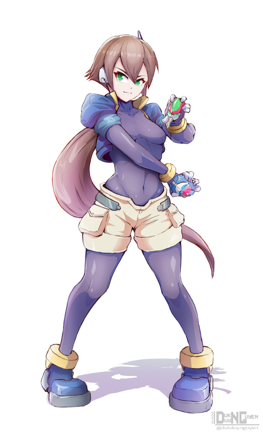 1girl absurdres aile_(mega_man_zx) artist_name biometal black_bodysuit blue_footwear blue_jacket bodysuit bodysuit_under_clothes breasts brown_hair cropped_jacket green_eyes henshin_pose highres holding jacket long_hair looking_at_viewer medium_breasts mega_man_(series) mega_man_zx mega_man_zx_advent model_x_(mega_man) model_z_(mega_man) open_clothes open_jacket ponytail robot_ears shoes shorts skin_tight uncleduk white_shorts