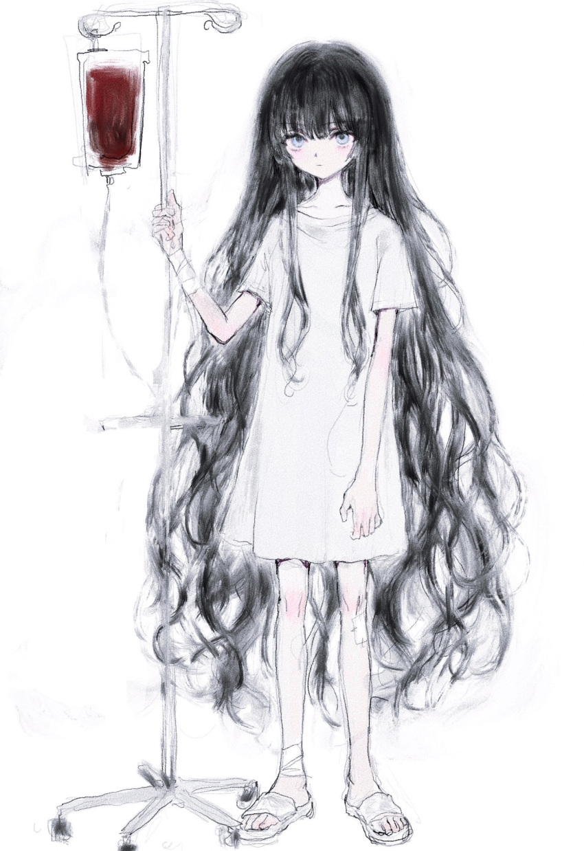 1girl black_hair blood blood_bag blue_eyes check_copyright copyright_request expressionless full_body highres hospital_gown intravenous_drip iv_stand long_hair looking_at_viewer original pale_skin sandals simple_background sketch solo very_long_hair white_background yuyuyuyhz