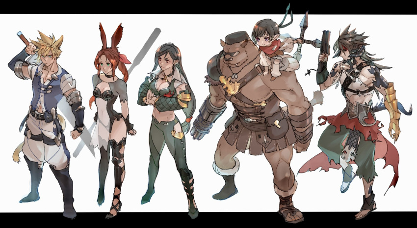 3boys 3girls aerith_gainsborough alternate_species alternate_universe animal_ears arm_cannon au_ra barret_wallace breasts cat_ears cleavage cloud_strife dragon_horns dragon_tail final_fantasy final_fantasy_vii final_fantasy_xiv furry furry_male highres horns hrothgar in-franchise_crossover lalafell mage_staff miqo'te multiple_boys multiple_girls pelvic_curtain rabbit_ears roegadyn ryouto shuriken skirt smile standing sunglasses sword tail tifa_lockhart viera vincent_valentine weapon yuffie_kisaragi