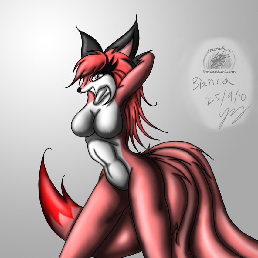 anthro arms_behind_head bianca black_nose breasts canine female fox fur hair long_hair looking_at_viewer mammal multiple_tails open_mouth plain_background red_fur red_hair snowfyre solo standing white_fur