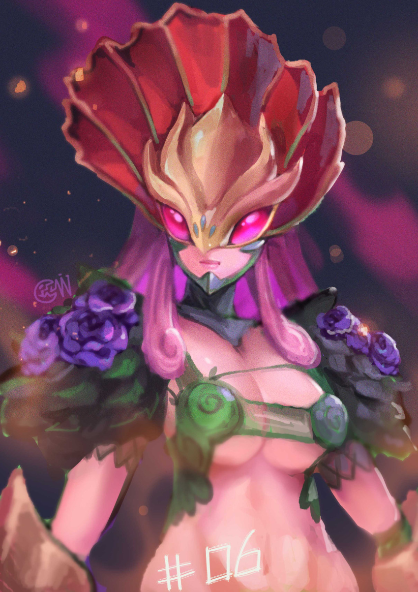 1girl absurdres artist_logo blurry blurry_background breasts ceresmon_medium cleavage covered_eyes cwdw digimon digimon_(creature) flower flower_on_shoulder highres large_breasts long_hair navel pink_hair solo strapless tube_top upper_body