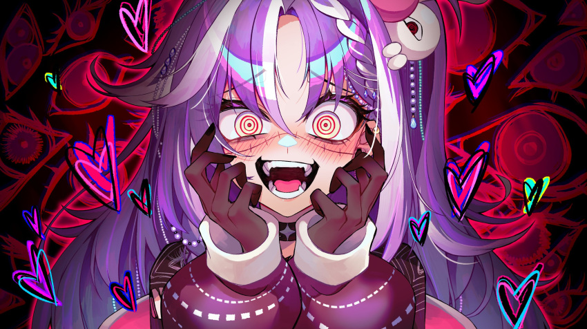 1girl beads black_choker black_gloves blush braid braided_bangs choker creature_on_head gloves grey_eyes hands_up heart highres jared_(michi_mochievee) long_hair long_sleeves looking_at_viewer michi_mochievee multicolored_hair one_side_up open_mouth purple_hair red_eyes ringed_eyes smile solo stitched_face stitches streaked_hair teeth torn_clothes virtual_youtuber vshojo white_hair xeapher