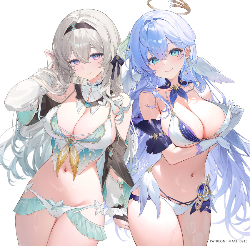 2girls aqua_eyes arm_under_breasts bare_shoulders black_hairband blue_hair blush breasts cameltoe cleavage closed_mouth commentary cowboy_shot earrings elbow_gloves firefly_(honkai:_star_rail) gloves grey_hair hairband halo hand_in_own_hair head_wings highres honkai:_star_rail honkai_(series) jewelry large_breasts long_hair long_sleeves machi_(7769) multiple_girls navel off_shoulder purple_eyes robin_(honkai:_star_rail) simple_background smile symbol-only_commentary thighs white_background white_gloves wings