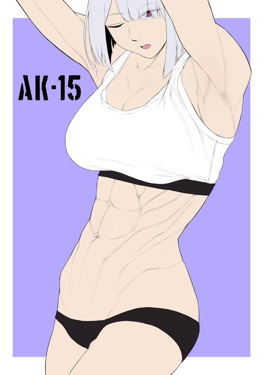 1girl abs absurdres ak-15_(girls'_frontline) alternate_costume armpits arms_up breasts cleavage girls'_frontline grey_hair hair_over_one_eye highres inset_border large_breasts long_hair looking_at_viewer muscular muscular_female open_mouth purple_background purple_eyes shirt shorts smolxeno solo white_background