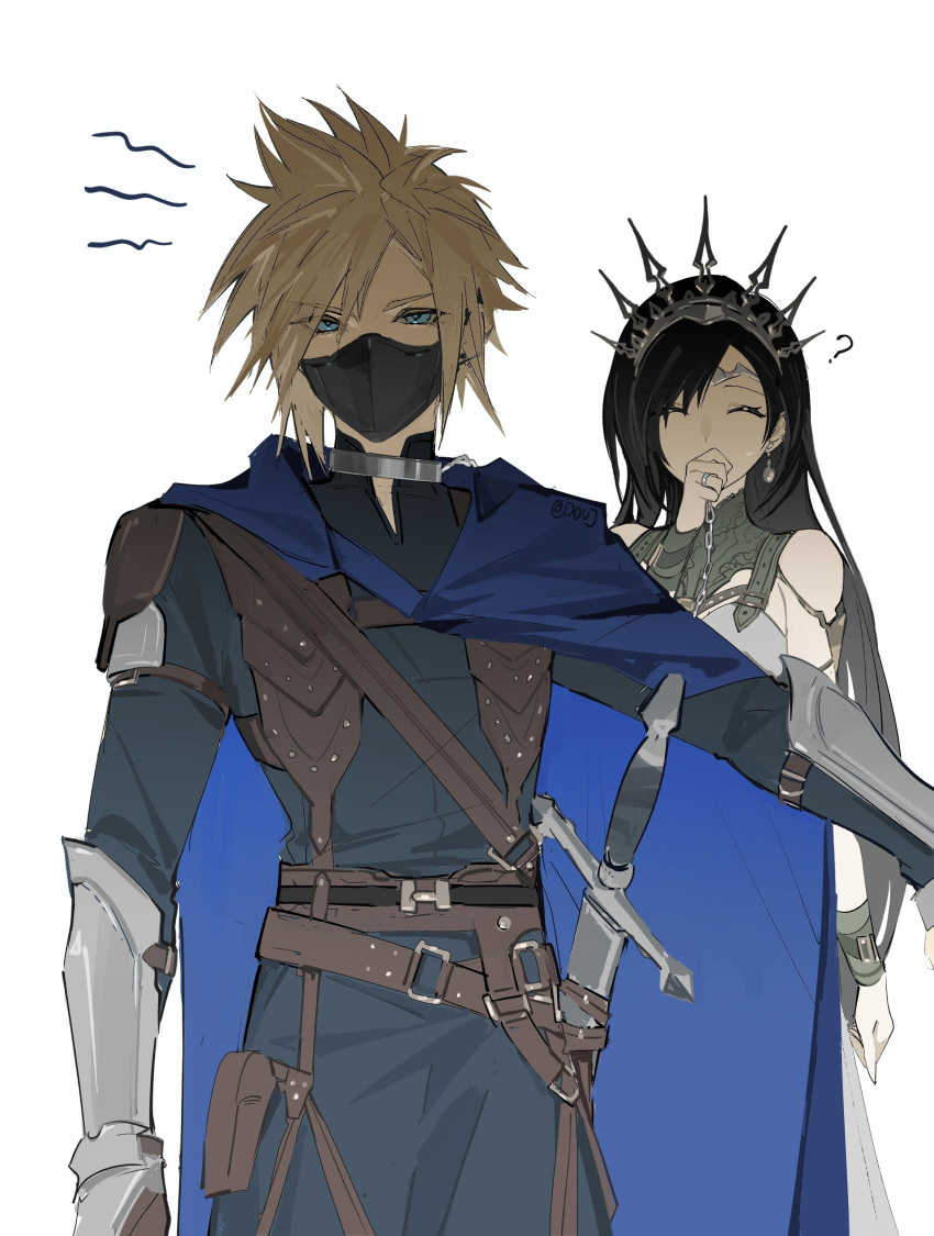 1boy 1girl ? absurdres arm_guards armor black_hair blonde_hair blue_cape cape closed_eyes cloud_strife cloud_strife_(alphreid_costume) dress duoj_ji final_fantasy final_fantasy_vii final_fantasy_vii_rebirth final_fantasy_vii_remake glaring highres mask mouth_mask official_alternate_costume princess_rosa_costume standing tiara tifa_lockhart tifa_lockhart_(loveless_dress)