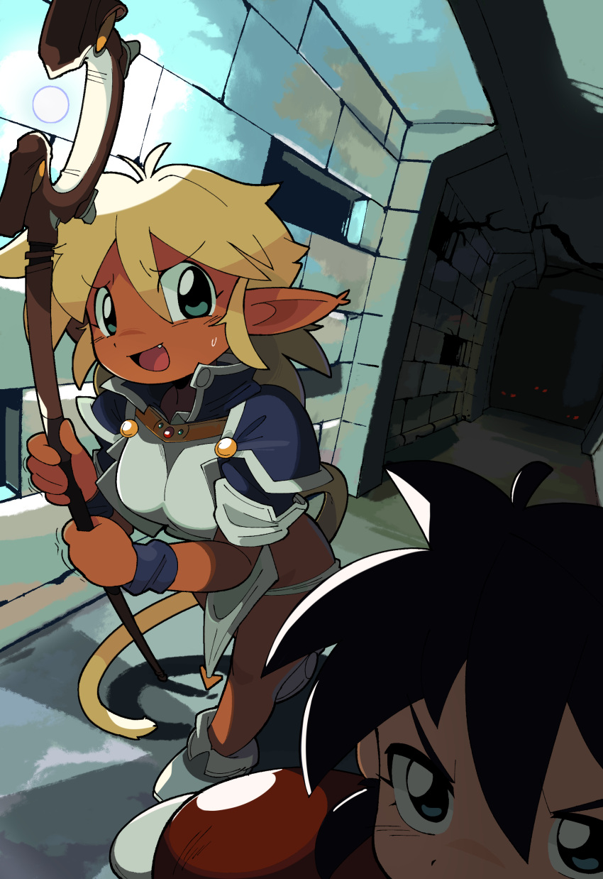 2girls absurdres animal_ears armor bacun blonde_hair blue_eyes blue_hair breasts dark-skinned_female dark_skin fam_(ruin_explorers) fang glowing glowing_eyes green_eyes highres hikyou_tanken_fam_&amp;_ihrie holding holding_staff ihrie indoors multiple_girls open_mouth pauldrons pelvic_curtain pointy_ears red_eyes shoulder_armor staff stone_wall sweatdrop tail trembling wristband