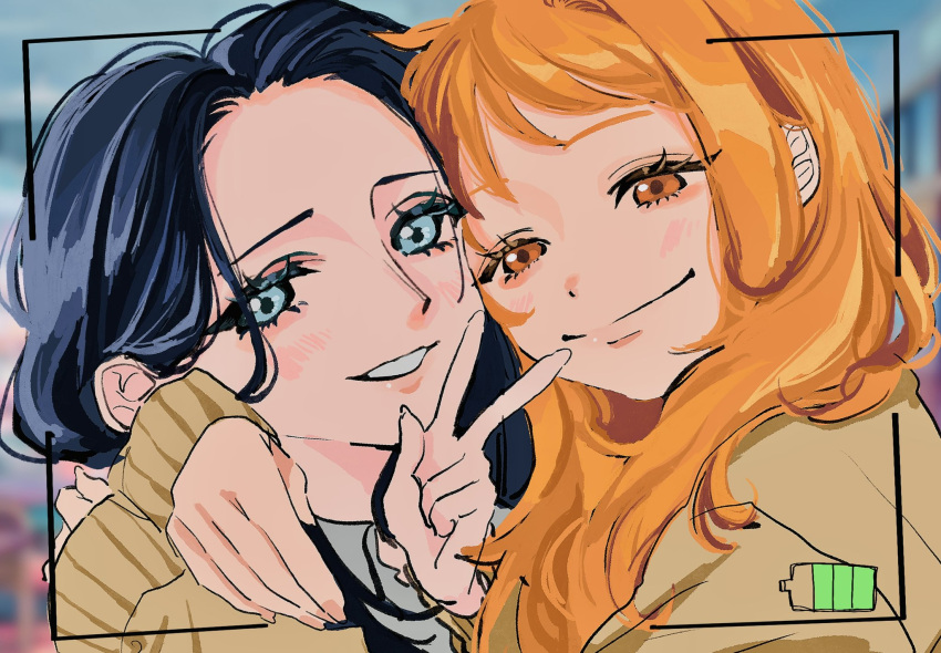 2girls ao_6336 battery_indicator blue_eyes blue_hair blurry blurry_background blush commentary_request eyelashes highres hug long_hair long_sleeves looking_at_viewer multiple_girls nami_(one_piece) nico_robin one_piece orange_eyes orange_hair sidelocks smile sweater taking_picture v yellow_sweater