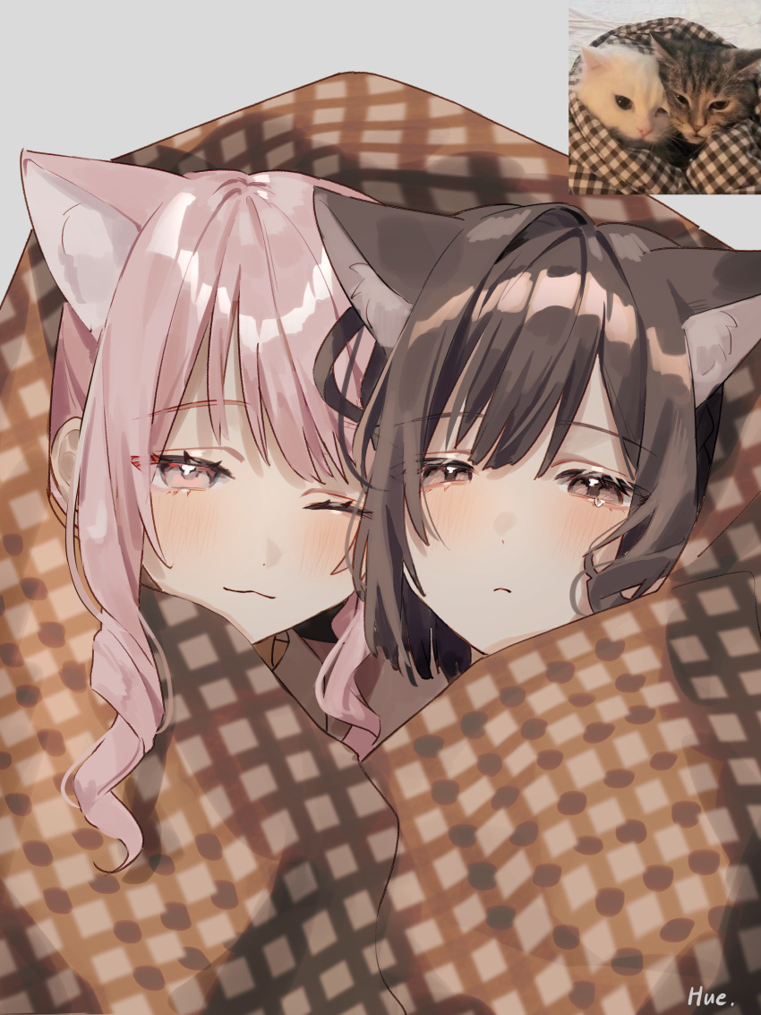 1girl 1other absurdres akiyama_mizuki animal animal_ears artist_name blanket brown_eyes brown_hair cat cat_ears closed_mouth commentary_request drill_hair drill_sidelocks grey_background half-closed_eyes highres hue_0813 kitten light_blush one_eye_closed photo-referenced photo_inset pink_eyes pink_hair project_sekai shinonome_ena short_hair sidelocks tears under_covers wavy_mouth