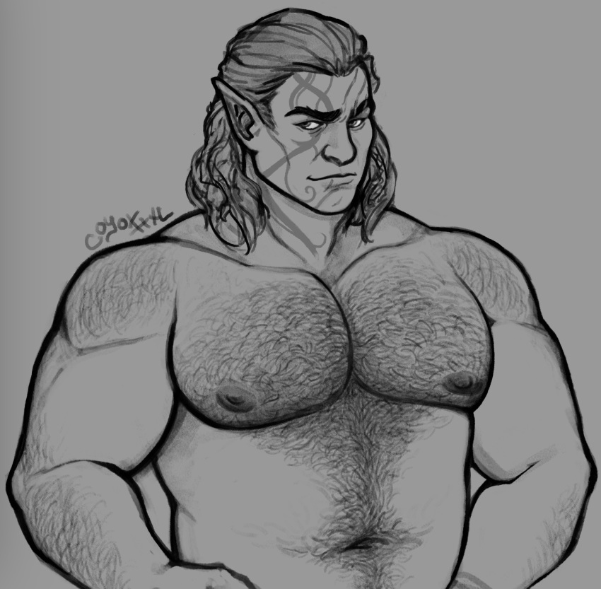 1boy back_hair baldur's_gate baldur's_gate_3 bara belly dungeons_&amp;_dragons greyscale hairy halsin highres large_pectorals male_focus mature_male medium_hair monochrome muscular muscular_male navel navel_hair nipple_hair nipples nude pectorals plump pointy_ears smile solo stomach thick_arm_hair thick_chest_hair thick_eyebrows thick_navel_hair upper_body very_hairy weatherbane