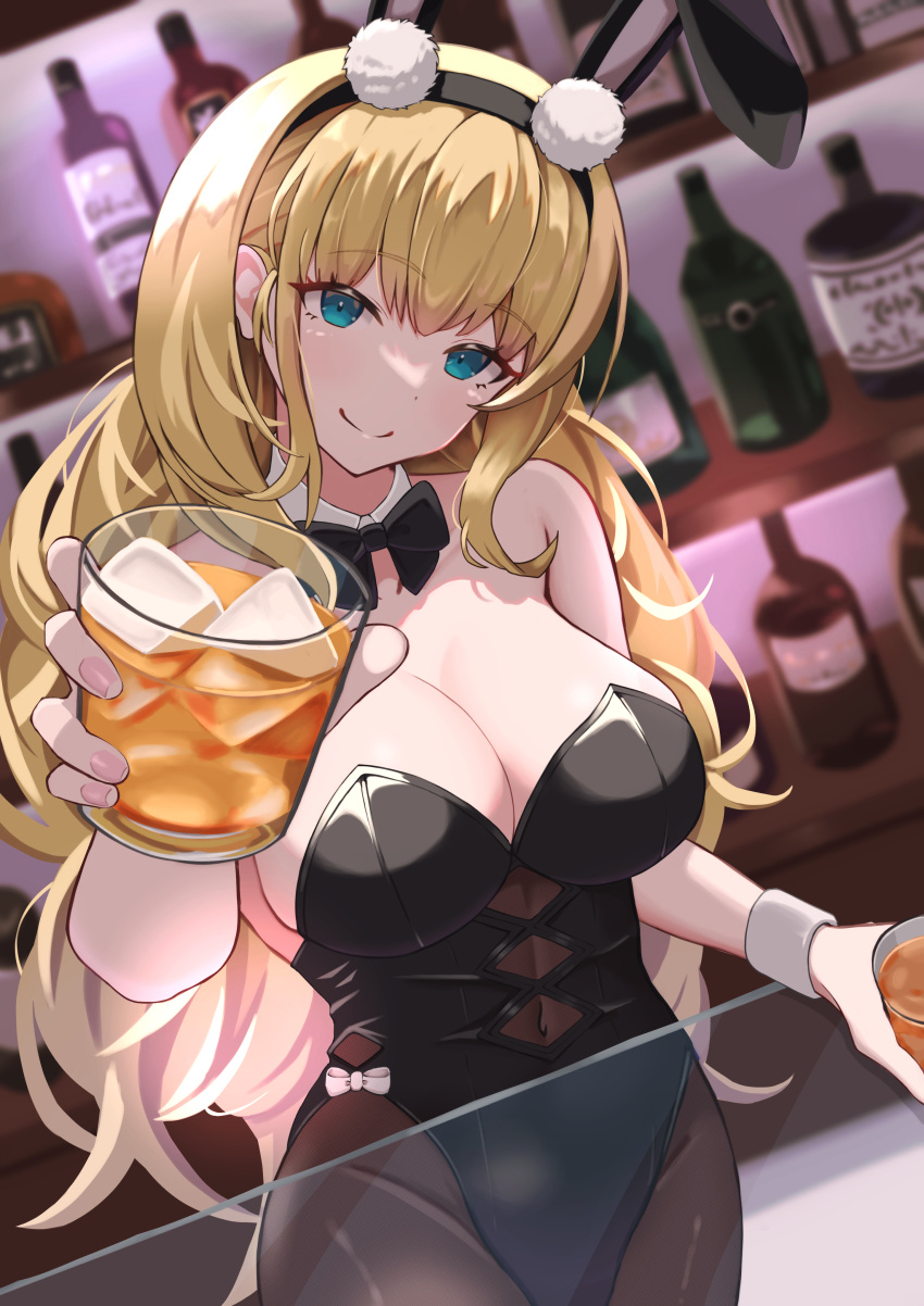 1girl absurdres alcohol animal_ears azur_lane backless_leotard bar_(place) black_bow black_bowtie black_leotard blonde_hair blue_eyes bottle bow bowtie breasts cleavage collarbone covered_navel cup detached_collar dot_nose fake_animal_ears glass_table hair_ornament head_tilt highres holding holding_cup incoming_drink indoors large_breasts leotard long_hair looking_at_viewer north_carolina_(azur_lane) north_carolina_(the_heart's_desire)_(azur_lane) official_alternate_costume pantyhose playboy_bunny pom_pom_(clothes) pom_pom_hair_ornament rabbit_ears rizzy sidelocks smile strapless strapless_leotard table very_long_hair wavy_hair wrist_cuffs