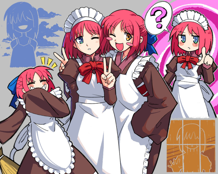 2girls ? apron blue_eyes blush_stickers closed_eyes dress expressionless grin highres hisui_(tsukihime) kohaku_(tsukihime) maid maid_apron maid_headdress multiple_girls multiple_views one_eye_closed orange_eyes pointing pointing_at_viewer red_hair short_hair smile spdcooler spoken_question_mark tsukihime v window