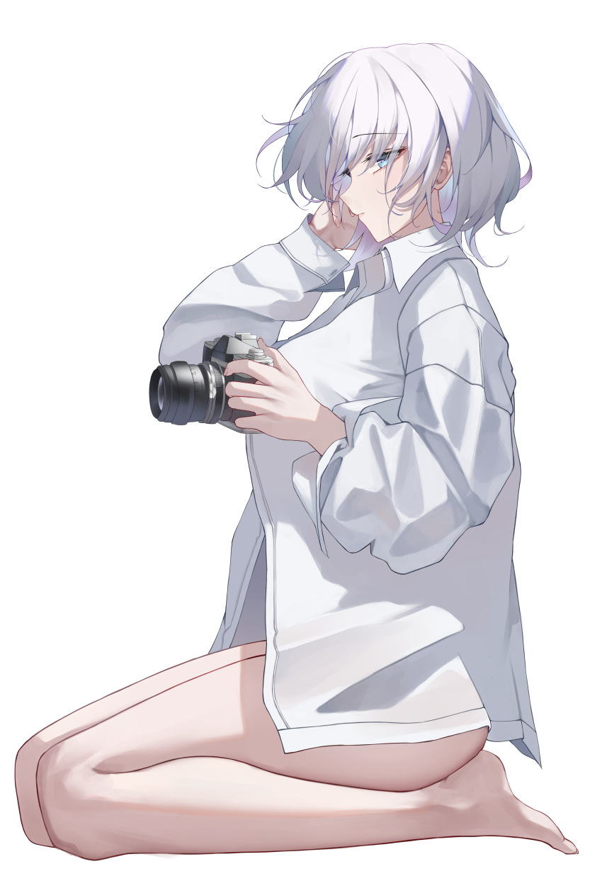 1girl absurdres adjusting_hair barefoot blue_eyes camera closed_mouth collared_shirt commentary faust_(project_moon) full_body highres holding holding_camera kneeling limbus_company long_sleeves open_clothes open_shirt project_moon ryo_e shirt short_hair simple_background solo white_background white_hair white_shirt