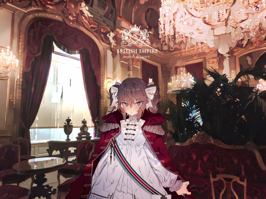 1girl aristocratic_clothes blue_eyes blush brown_hair chair chandelier coat cowboy_shot curtains desk dress epaulettes girls'_frontline hair_ribbon highres indoors long_sleeves looking_at_viewer open_clothes open_coat puffy_long_sleeves puffy_sleeves red_coat ribbon solo soukou_makura standing two_side_up webley_(girls'_frontline) white_dress white_ribbon window