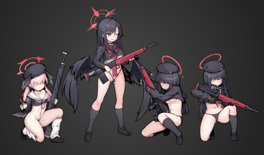 4girls beret black_choker black_gloves black_hair black_hat black_panties black_sailor_collar black_serafuku black_socks black_wings blue_archive blush bolt_action bottomless breasts choker closed_mouth commentary_request covered_eyes crop_top em-2 explosive faceless faceless_female feathered_wings gloves grenade gun hair_ornament hair_over_eyes hairclip halo hat head_wings highleg highleg_panties holding holding_gun holding_weapon holy_hand_grenade ichika_(blue_archive) justice_task_force_member_(blue_archive) kneehighs koharu_(blue_archive) long_hair long_sleeves loose_socks low_wings medium_breasts micro_panties multiple_girls navel neckerchief no_pants one_eye_closed p14_enfield panties pink_hair red_halo red_neckerchief revealing_clothes rifle sailor_collar school_uniform serafuku side-tie_panties simple_background smile socks stmast stomach string_panties twintails underwear weapon wings