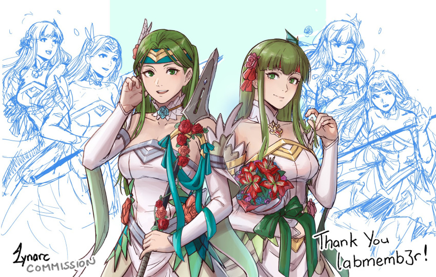 2girls alternate_costume bouquet cm_lynarc collarbone commentary commission english_commentary fire_emblem fire_emblem:_mystery_of_the_emblem fire_emblem:_the_sacred_stones fire_emblem_heroes green_eyes green_hair headband highres holding holding_bouquet holding_polearm holding_weapon lance long_hair multiple_girls palla_(fire_emblem) polearm red_headband sketch_inset syrene_(fire_emblem) thank_you weapon