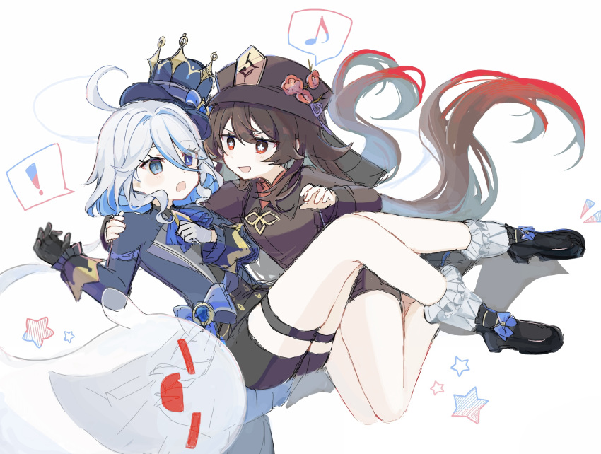 ! 2girls black_footwear black_gloves black_shorts blue_eyes blue_hair blue_jacket boo_tao_(genshin_impact) brown_coat coat commentary_request cowl flower flower-shaped_pupils full_body furina_(genshin_impact) genshin_impact gloves grey_hair hand_up hat hat_flower heterochromia highres hu_tao_(genshin_impact) jacket legs loafers long_hair long_sleeves looking_at_viewer mint_chocoooo multiple_girls musical_note open_mouth porkpie_hat red_eyes shoes shorts simple_background sketch spoken_exclamation_mark spoken_musical_note star_(symbol) symbol-shaped_pupils thigh_strap thighs top_hat white_background white_gloves