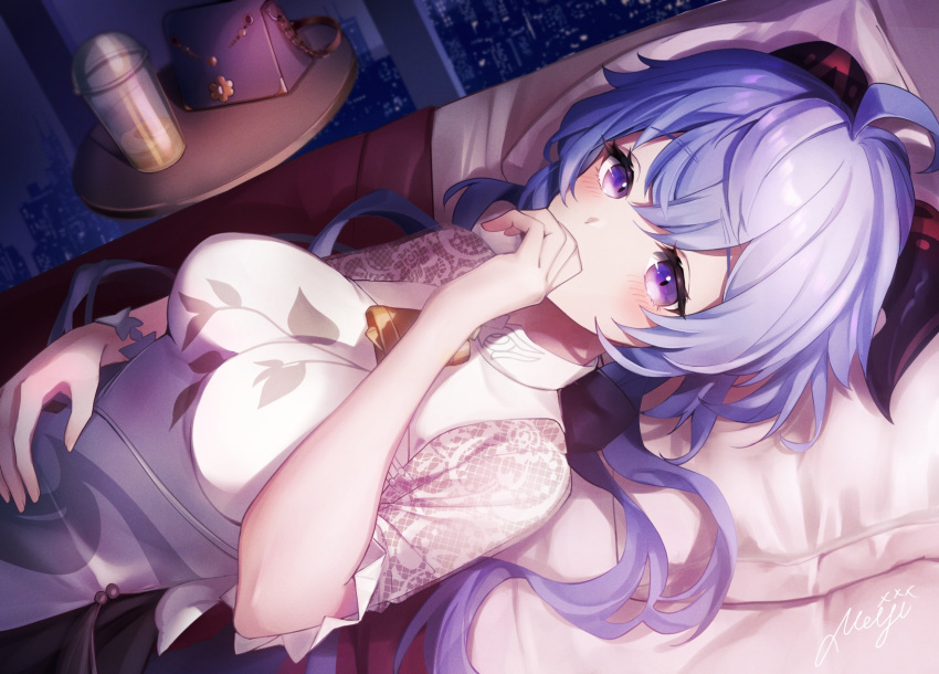 1girl ahoge bag bed bell blue_hair blush breasts cityscape covering_own_mouth cup disposable_cup ganyu_(genshin_impact) ganyu_(heytea)_(genshin_impact) genshin_impact highres horns indoors kmes_niku long_hair looking_at_viewer lying medium_breasts neck_bell night official_alternate_costume on_back pillow purple_bag purple_eyes see-through see-through_sleeves sidelocks solo upper_body
