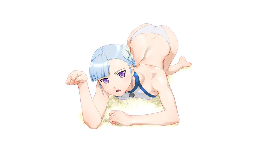 1girl all_fours arms ass back bare_shoulders barefoot blue_hair blush bodysuit braid ears female fin_e_ld_si_laffinty flower french_braid hair_flower hair_ornament head_tilt highres legs looking_at_viewer open_mouth paw_pose purple_eyes rinne_no_lagrange shiny shiny_skin short_hair simple_background sleeveless solo ueyama_michirou wallpaper white_background