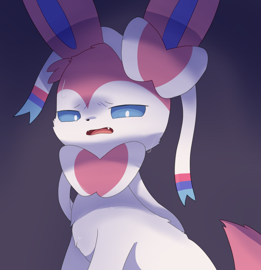 2024 absurd_res ambiguous_gender black_nose blue_eyes blue_inner_ear bodily_fluids bow_(feature) colored cute_fangs digital_media_(artwork) disgusted_expression disgusted_face ear_bow eeveelution feral fur generation_6_pokemon grey_background half-length_portrait hi_res kemono looking_at_viewer mammal monotone_tail multicolored_body multicolored_ears multicolored_fur neck_bow nintendo no_sclera open_mouth pink_body pink_ears pink_fur pink_tail pink_tongue pokemon pokemon_(species) portrait pupils quadruped ribbons roimon shaded side_view simple_background sitting solo sweat sweatdrop sylveon tail tongue two_tone_body two_tone_ears two_tone_fur white_body white_fur white_pupils