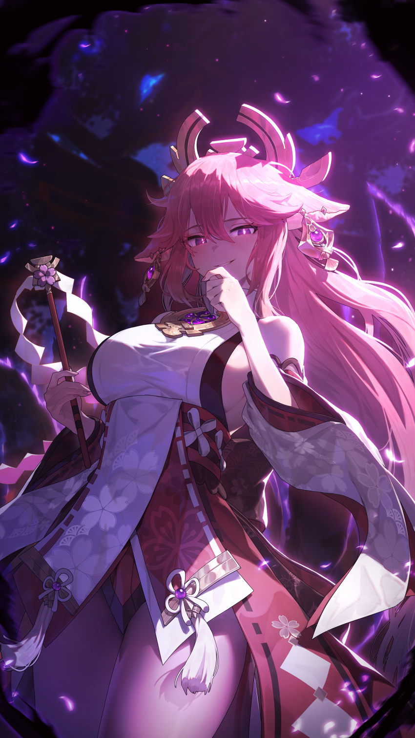 1girl absurdres animal_ears bare_shoulders breasts cowboy_shot detached_sleeves evil_smile fingernails floppy_ears fox_ears from_above genshin_impact glowing glowing_eyes gohei hair_between_eyes hair_ornament hand_to_own_mouth hand_up highres holding holding_gohei long_hair looking_at_viewer night night_sky nontraditional_miko pink_hair purple_eyes sideboob sidelocks sky smile solo sushispin torii vision_(genshin_impact) wide_sleeves yae_miko