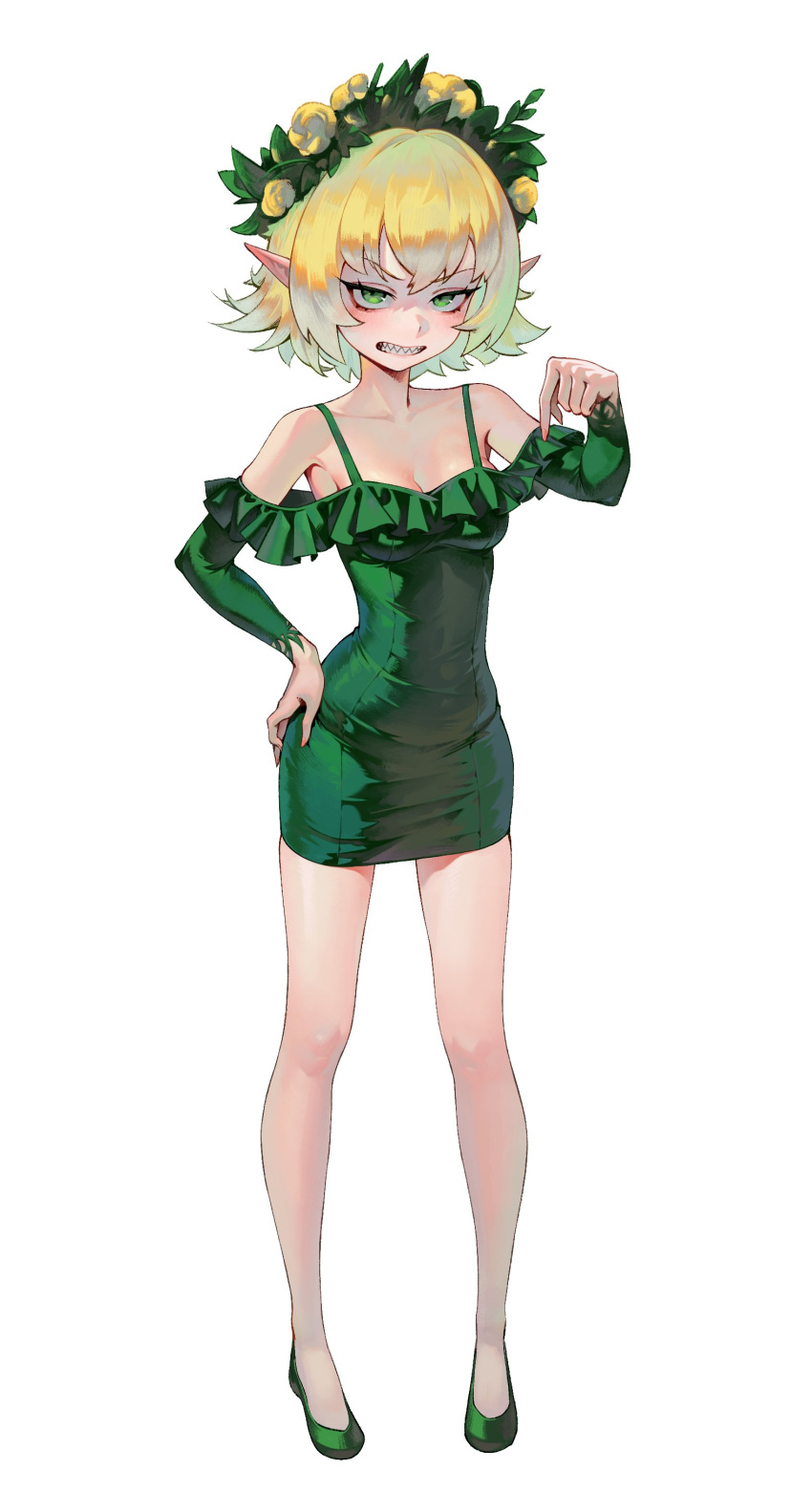 1girl absurdres angry blonde_hair breasts dress elf english_commentary flower frilled_dress frills full_body gemi_ningen green_dress green_eyes green_footwear hair_flower hair_ornament hand_on_own_hip highres long_sleeves looking_at_viewer off-shoulder_dress off_shoulder original pathfinder pencil_dress pointing pointing_down pointy_ears sharp_teeth short_hair simple_background small_breasts solo spaghetti_strap teeth white_background witch