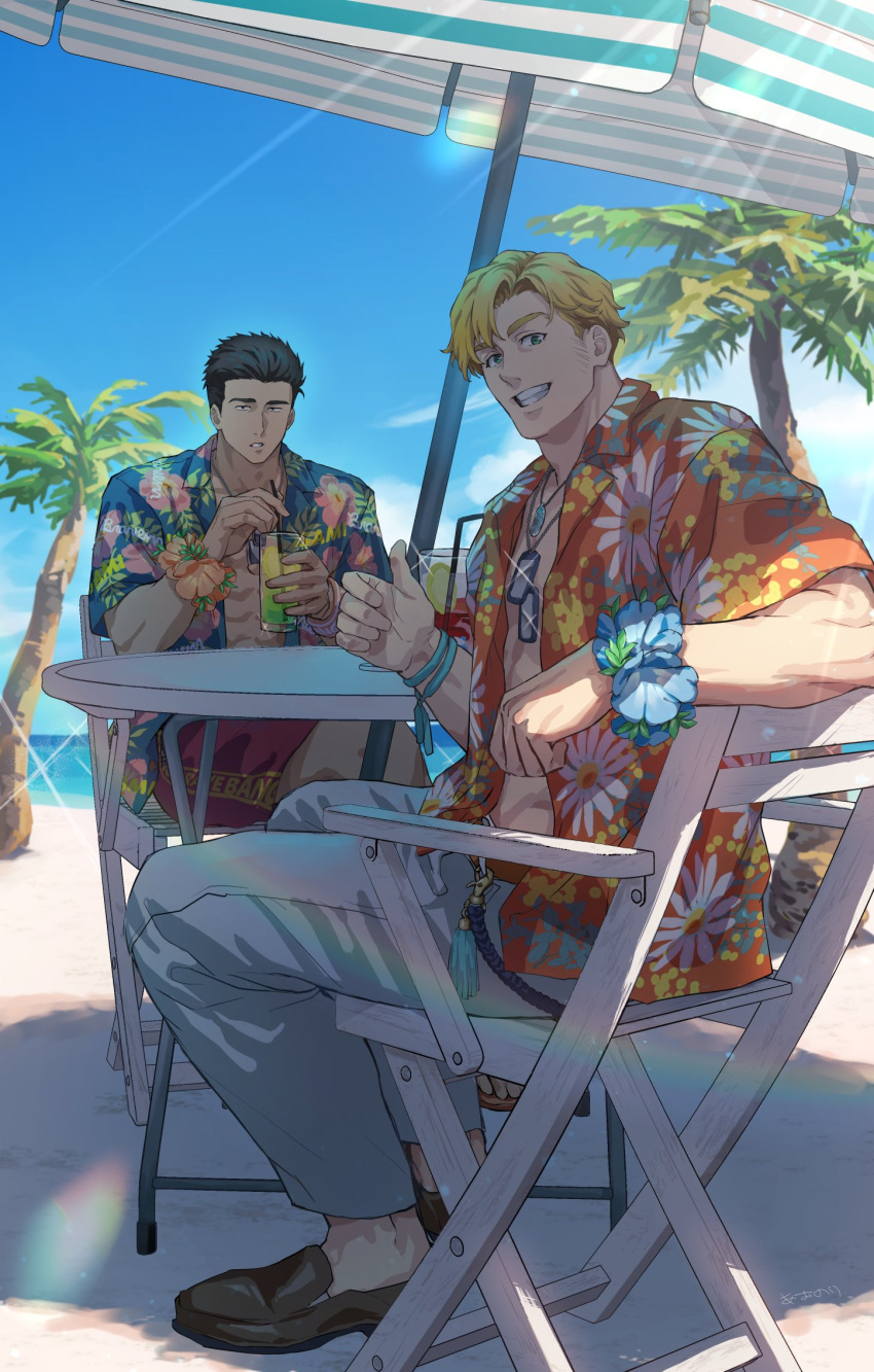 2boys abs ao_isami beach black_hair blonde_hair blurry cocktail_glass cup day depth_of_field drinking_glass facial_hair hawaiian_shirt highres jup84973 lewis_smith looking_at_viewer male_focus multiple_boys official_alternate_costume official_style on_chair pants sand shirt sideburns_stubble sitting stubble sunlight thick_eyebrows thumbs_up toned toned_male yuuki_bakuhatsu_bang_bravern