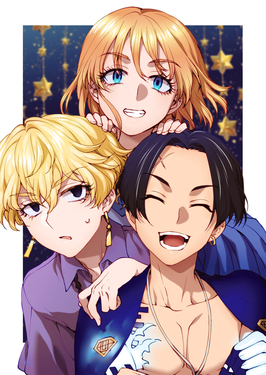 1girl 2boys :d arm_on_another's_shoulder astro_royale black_hair blonde_hair blue_eyes earrings facing_viewer gloves hair_between_eyes highres jewelry mikura_(miraclemicro) multiple_boys necklace orange_hair pectorals purple_shirt scar scar_on_face scar_on_forehead shirt smile sweatdrop tattoo upper_body white_gloves yotsurugi_hibaru yotsurugi_terasu