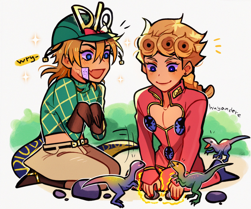 2boys absurdres artist_name blonde_hair blue_eyes boots bow braid braided_ponytail brown_gloves cleavage_cutout clothing_cutout commentary cowboy_boots cracked_skin diego_brando dinosaur dinosaur_tail earrings english_commentary giorno_giovanna gloves green_sweater hat hat_bow helmet highres huyandere jewelry jojo_no_kimyou_na_bouken long_hair male_focus motion_lines multiple_boys scary_monsters_(stand) seiza signature single_braid sitting steel_ball_run stud_earrings sweater tail vento_aureo wariza