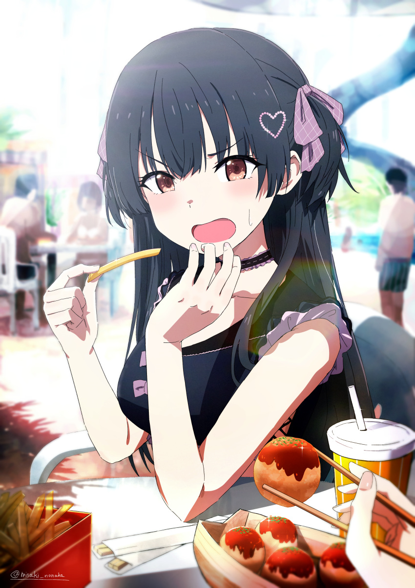 1girl 1other :o absurdres bare_arms bikini black_bikini black_choker black_hair blush choker chopsticks commentary cup disposable_cup fingernails food french_fries frilled_choker frills hair_ornament hair_ribbon heart heart_hair_ornament highres holding holding_chopsticks holding_food idolmaster idolmaster_shiny_colors long_hair looking_at_viewer mayuzumi_fuyuko misaki_nonaka out_of_frame people pov pov_hands ribbon sitting solo_focus sweatdrop swimsuit takoyaki twitter_username v-shaped_eyebrows very_long_hair water_slide waterpark