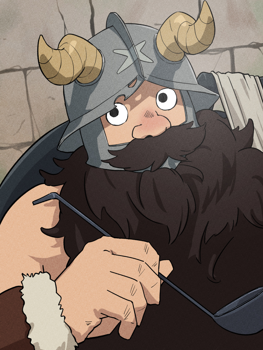 1boy absurdres beard brown_hair cooking dungeon_meshi dwarf facial_hair fake_horns hand_up helmet highres horned_helmet horns long_beard male_focus senshi_(dungeon_meshi) solo thick_mustache umihisa1204 upper_body very_long_beard