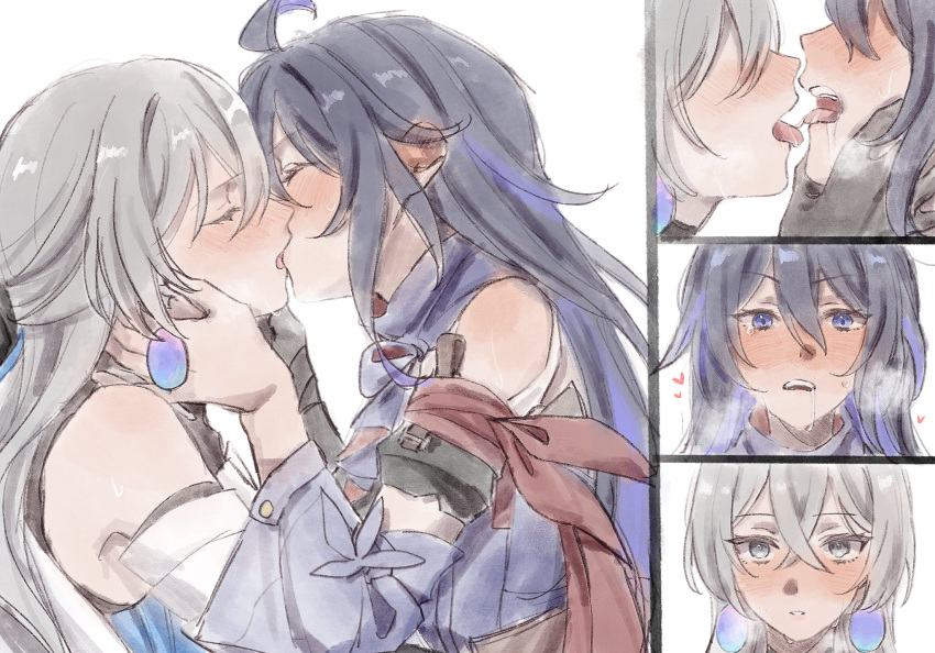 2girls after_kiss arm_scarf black_gloves black_hair blush bronya_rand closed_eyes commentary_request detached_sleeves drooling earrings elan_ouo french_kiss gloves grey_hair hand_on_another's_face hand_on_another's_neck heart highres honkai:_star_rail honkai_(series) jewelry kiss long_hair looking_at_another multicolored_hair multiple_girls parted_lips purple_hair saliva seele_(honkai:_star_rail) simple_background streaked_hair sweat tearing_up tears tongue tongue_out white_background yuri