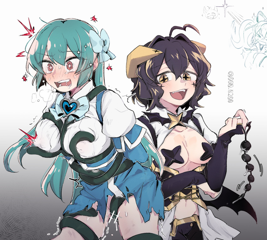 2girls ahoge an_sin anal_beads arms_behind_back bat_brooch bdsm black_gloves black_hair black_pants blue_bow blue_gloves blue_skirt blush bondage bound bow breasts bridal_gauntlets brooch collared_shirt commentary_request corset drooling elbow_gloves fangs femdom forward_facing_horns gloves green_hair groin hair_bow hair_intakes heart heart_ahoge heart_brooch high-waist_skirt highres hiiragi_utena horns jewelry korean_commentary large_breasts leaning_forward long_hair lowleg lowleg_pants magia_azure magia_baiser magical_girl mahou_shoujo_ni_akogarete medium_breasts medium_hair midriff minakami_sayo miniskirt molestation multiple_girls navel no_panties open_mouth pants pasties puffy_short_sleeves puffy_sleeves pussy red_eyes restrained saliva sex_toy sex_toy_pull shirt short_hair short_sleeves simple_background skirt smile star-shaped_pupils star_(symbol) star_brooch star_pasties sweat symbol-shaped_pupils tearing_up teeth tentacle_sex tentacles torn_clothes torn_skirt trembling upper_teeth_only vaginal white_background white_shirt white_shrug yellow_eyes yellow_horns yuri