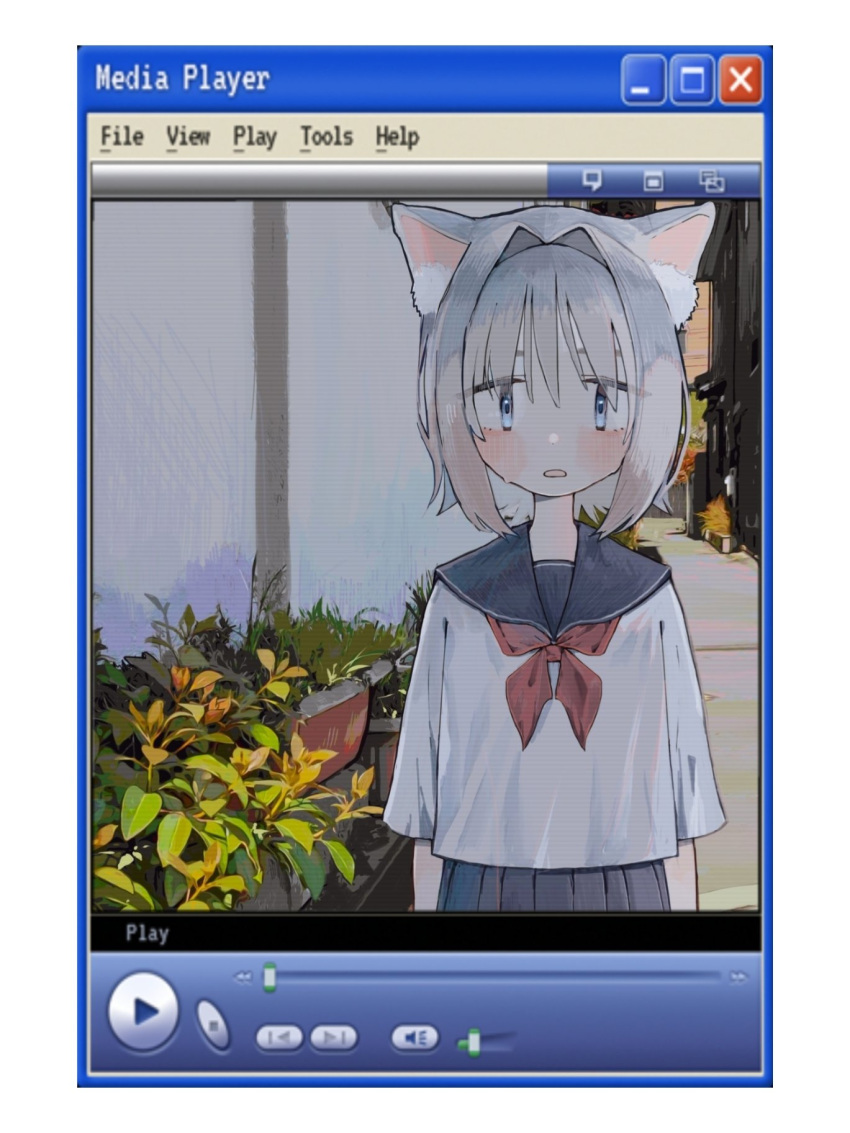 1girl animal_ear_fluff animal_ears arms_at_sides black_sailor_collar black_skirt blue_eyes blush cat_ears cat_girl commentary cowboy_shot d: day grey_hair hair_intakes highres long_sleeves looking_at_viewer media_player_interface neckerchief open_mouth original outdoors planter pleated_skirt red_neckerchief sailor_collar school_uniform serafuku shirt short_hair skirt solo straight-on uo_yuo white_shirt window_(computing) windows_xp