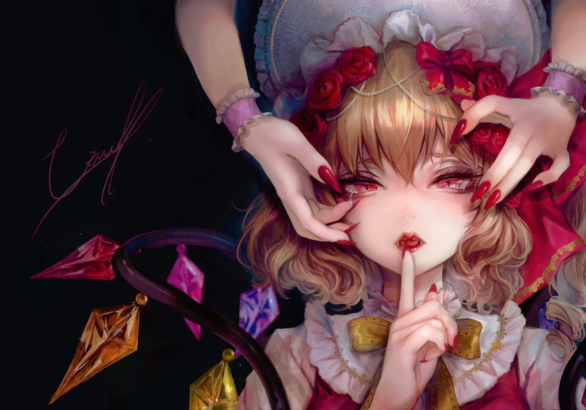 2girls adapted_costume black_background blonde_hair bonnet bow bowtie commentary crying crying_with_eyes_open crystal drill_hair fingernails flandre_scarlet flower frilled_shirt_collar frills hair_bow hair_flower hair_ornament hands_on_another's_face highres index_finger_raised kyogoku-uru lolita_fashion looking_at_viewer medium_bangs multiple_girls nose one_side_up realistic red_bow red_eyes red_flower red_lips red_nails red_rose red_vest remilia_scarlet rose sharp_fingernails shirt short_hair siblings signature simple_background sisters slit_pupils solo_focus symbol-only_commentary tears touhou upper_body vest wavy_hair white_shirt wings wrist_cuffs yellow_bow yellow_bowtie