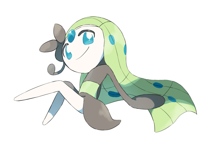 1girl arm_support blue_eyes forehead_jewel full_body green_hair hair_ornament highres legs long_hair looking_at_viewer meloetta meloetta_(aria) multicolored_hair pokemon pokemon_(creature) sitting skirt smile solo spotted_hair two-tone_hair white_background yosiyosi_117